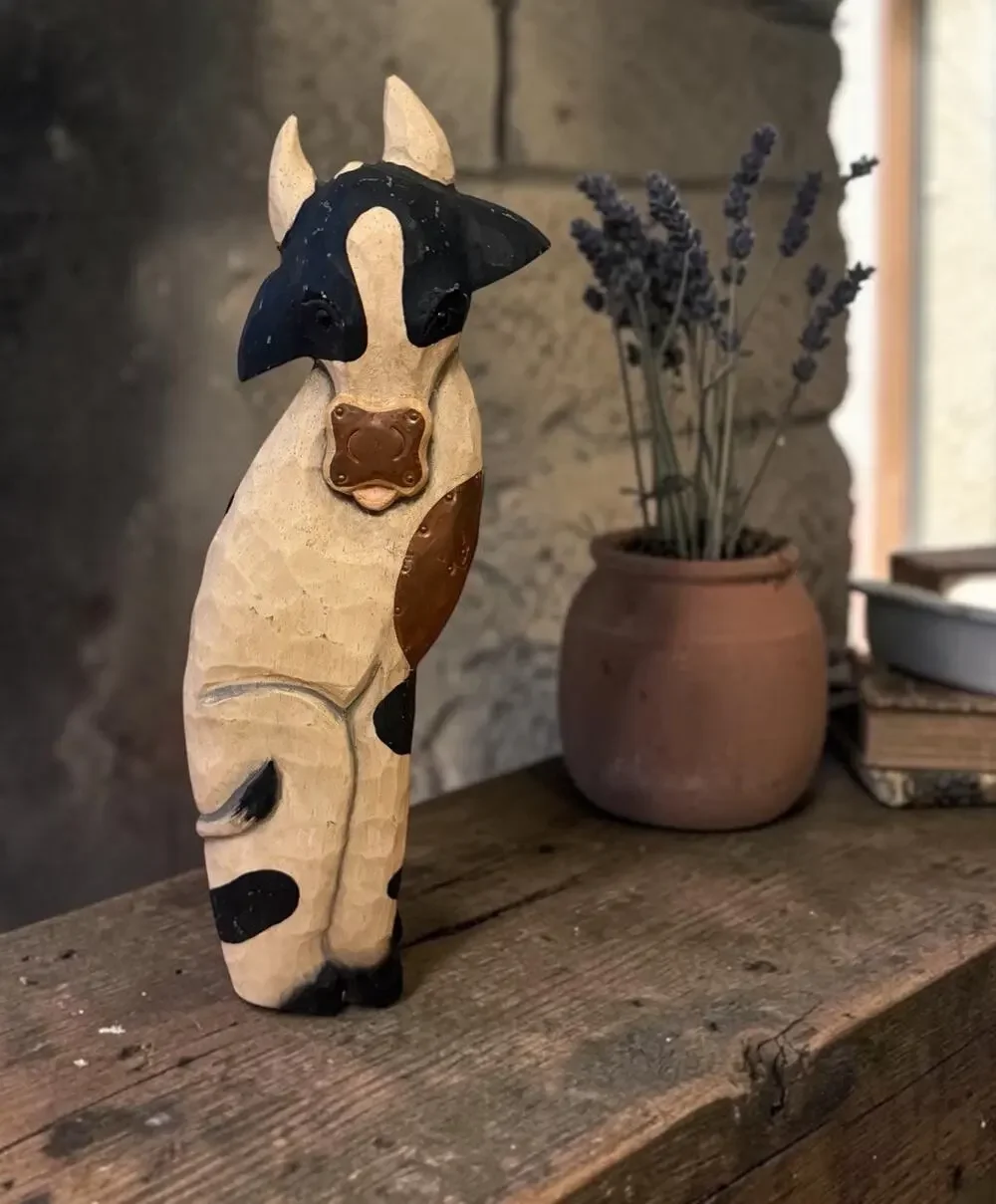 Vintage JAMES HADDON Signed Wood & Copper Cow Primitive Farmhouse Hand Carved